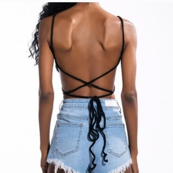 White and Black Crochet Halter Top with Yellow Center - Picture 7 of 7